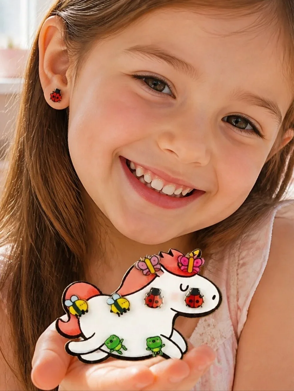 Girls 4 Pair Earrings Ladybug Bee Frog Butterfly Studs Kids Unicorn Gift Jewelry